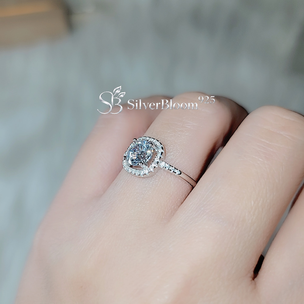 Round Cut 5A CZ Cushion Halo Ring - 925 Sterling Silver Size 8